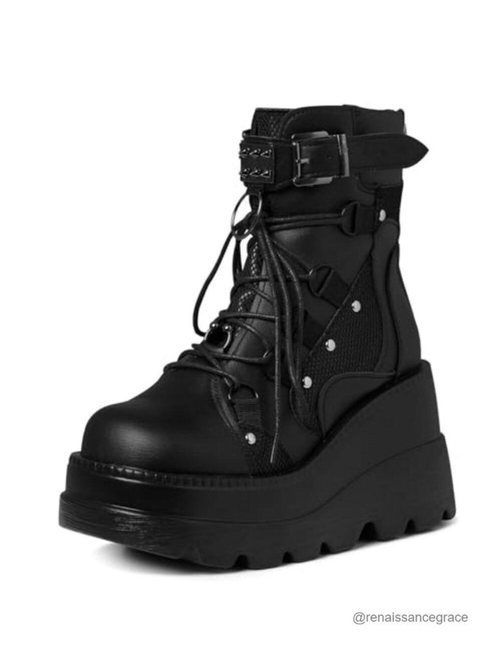 Goth Platform Boots Women Chunky Wedge Heel Vegan PU Leather Lace-Up Rave Bootie